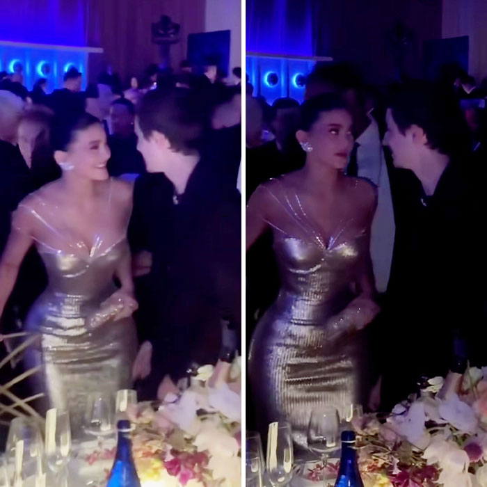 Timoth&eacute;e Chalamet and Kylie Jenner in a tense moment at a crowded Golden Globes event, revealing lip reader insights.