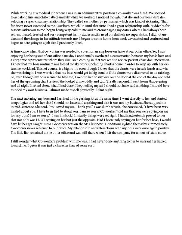 Text document sharing a personal story about workplace conflicts involving a deceptive co-worker and a challenging boss.