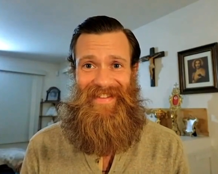 Former Little Rascals star with a long beard in a room with religious items, reflecting Catholic extremist lifestyle. Former Little Rascals star with a long beard in a room with religious items, reflecting Catholic extremist lifestyle.