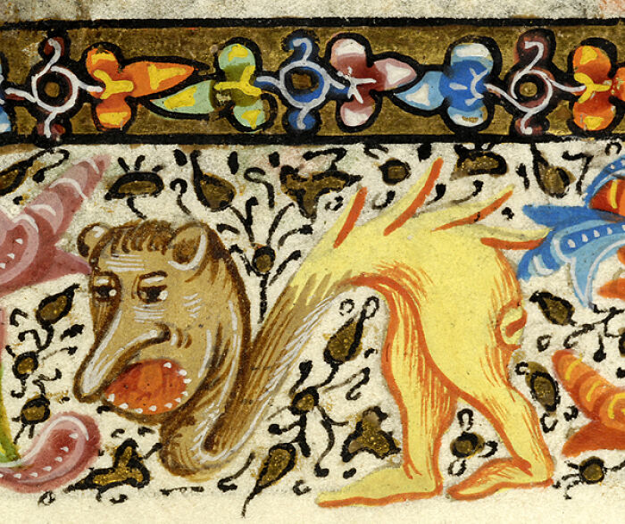 Medieval old painting of a humorous creature with a distorted face and exaggerated features in colorful detail.