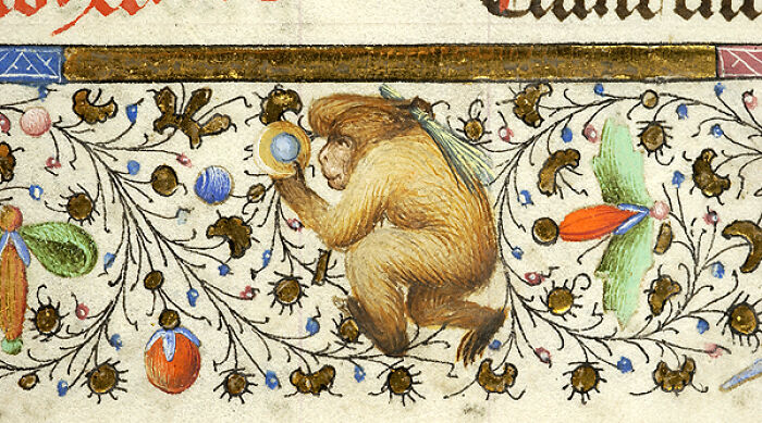 Medieval old painting of a monkey holding a blue orb surrounded by colorful floral and vine patterns, hilariously bad art style.