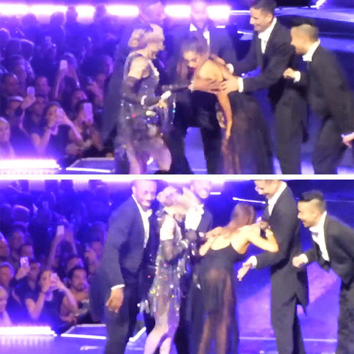 Ariana Grande and Madonna on stage during a performance that sparked fan backlash for being uncomfortable to watch.