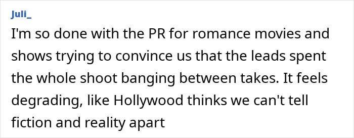 User comment on romance movie PR, expressing frustration over mixing fiction and reality in steamy shoots amid Margot Robbie Jacob Elordi age gap debate.