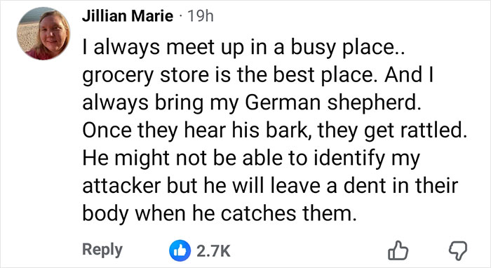 Comment from Jillian Marie about bringing her German shepherd to busy grocery store meetups for safety after a Facebook Marketplace meetup tragedy.