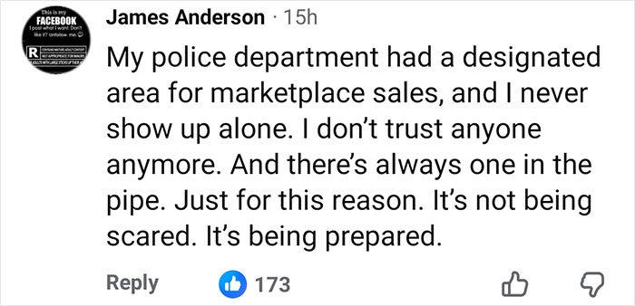 Comment from James Anderson about marketplace sales safety and distrust, highlighting concerns after a Marine veteran's tragic meetup.