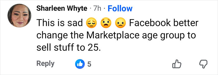 Comment expressing sadness about Facebook Marketplace age restrictions, related to marine veteran's heartbreaking final text tragedy.
