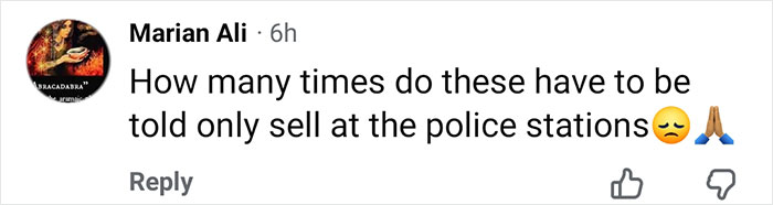 Comment from Marian Ali expressing frustration about selling only at police stations, related to a Marine veteran's tragic meetup.