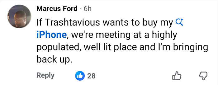 Comment from Marcus Ford warning about a Facebook Marketplace meetup, referencing Marine veteran's heartbreaking final text.
