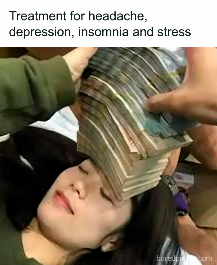 Woman lying down with a large stack of money on her forehead, humor meme about expensive healthcare costs.