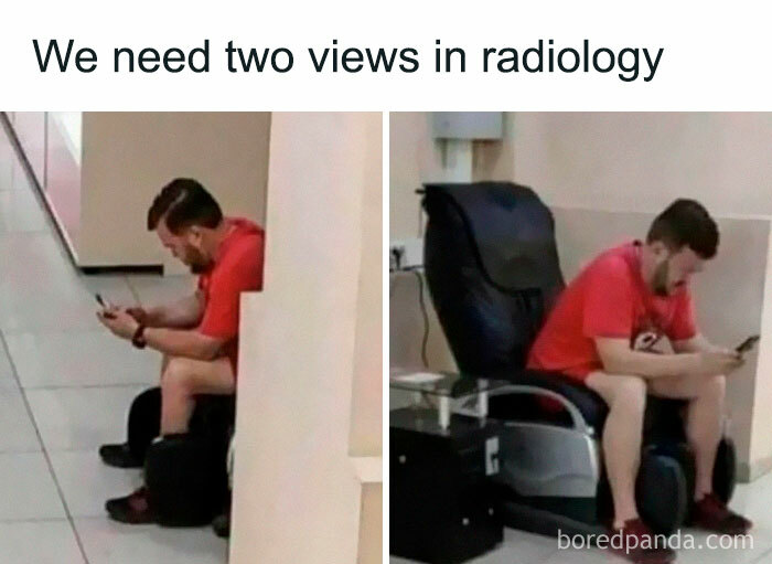 Man in a red shirt sitting in two different positions, humorously illustrating radiology views meme about healthcare costs.