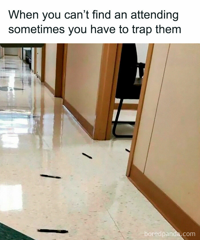 Hallway with pens taped to the floor as a humorous trap, related to healthcare memes about attending physicians.