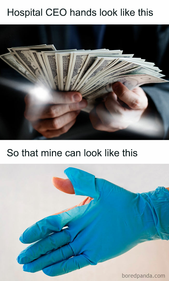 Hands holding cash contrasted with hand in worn medical glove, highlighting healthcare expense humor memes.