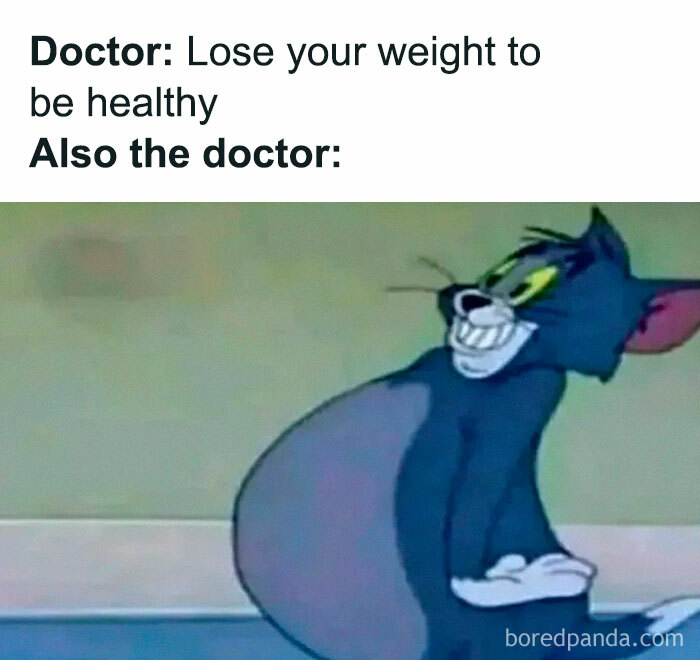 Cartoon cat with a large belly illustrating humor in memes about healthcare and weight loss advice.
