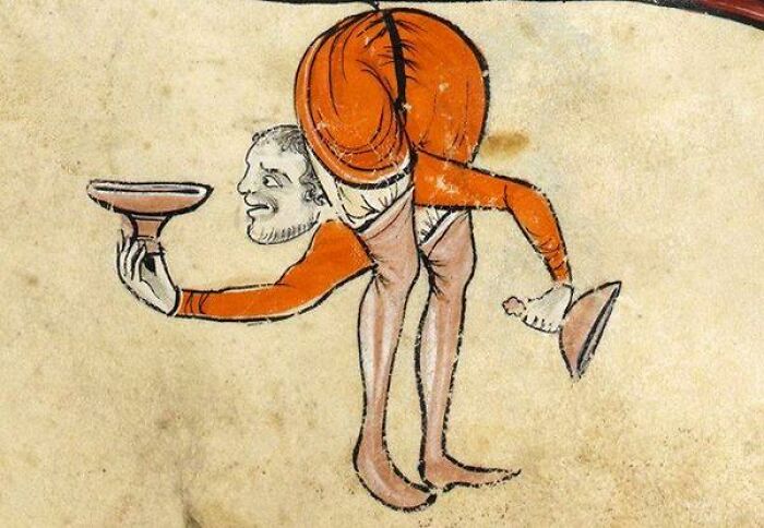 Medieval old painting depicting a comical figure balancing on bent legs while holding two shallow bowls.