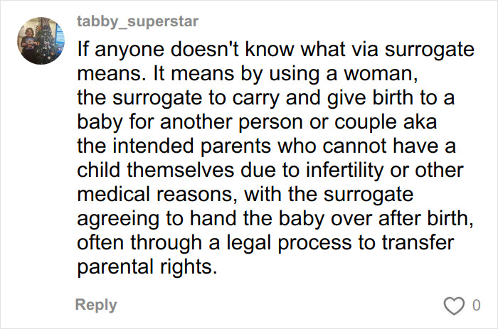 Comment explaining surrogate meaning in Meghan Trainor backlash discussion about using a surrogate for her baby. Comment explaining surrogate meaning in Meghan Trainor backlash discussion about using a surrogate for her baby.