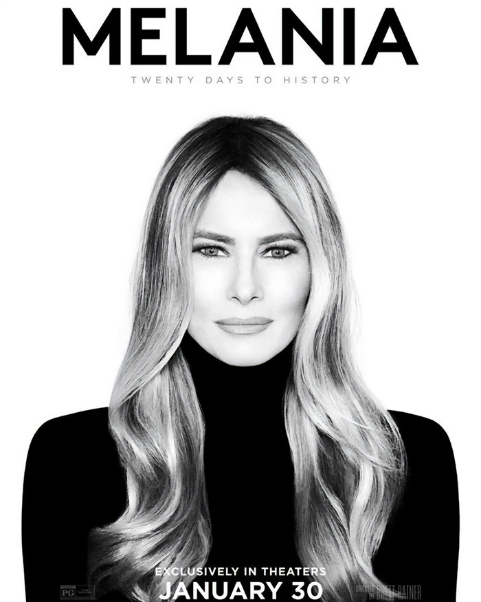 Melania Trump in black and white portrait promoting new documentary releasing January 30 in theaters.