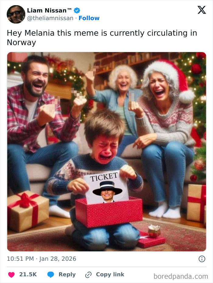 Family laughing and a crying child holding a ticket with Melania Trump, symbolizing memes roasting her online amid documentary flops.