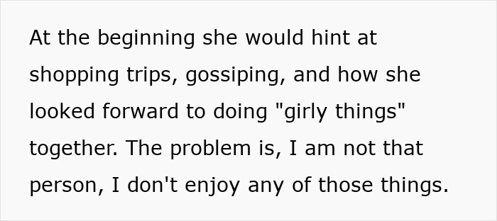 Text excerpt discussing a daughter-in-law not enjoying girly activities with a racist mother-in-law and related family tension.