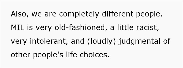 Text excerpt describing a racist MIL who is intolerant and judgmental, causing conflict with DIL.