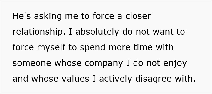 Text about a daughter-in-law refusing to develop a closer bond with a racist mother-in-law despite pressure from her husband.