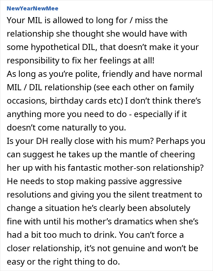 Text excerpt discussing a difficult MIL and DIL relationship involving racism and a husband upset about his mother.