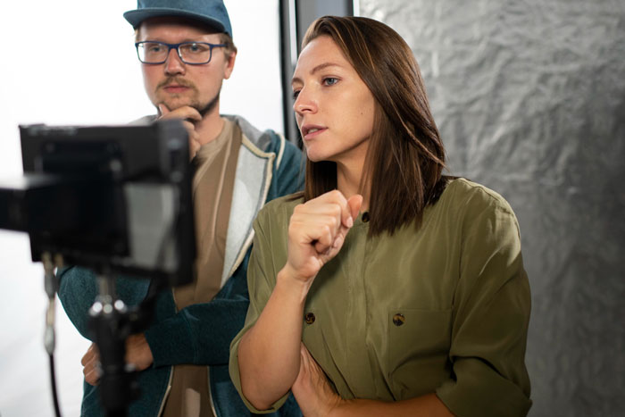 A woman and a man reviewing video footage on a camera, focused on creating a celebrity birthday video project.