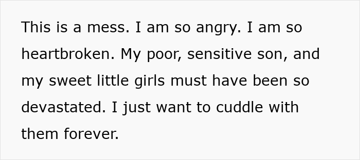 Angry and heartbroken parent expresses pain while mil tells kids parents passed away, wishing to comfort and cuddle them forever.