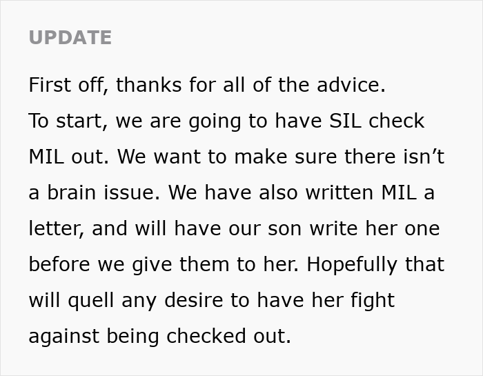 Update text discussing MIL telling kids parents passed away and plans for SIL to check MIL's mental health status.