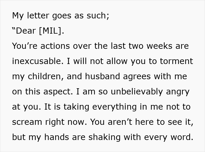 Letter excerpt addressing MIL about tormenting kids after parents passed away, expressing anger and emotional distress.