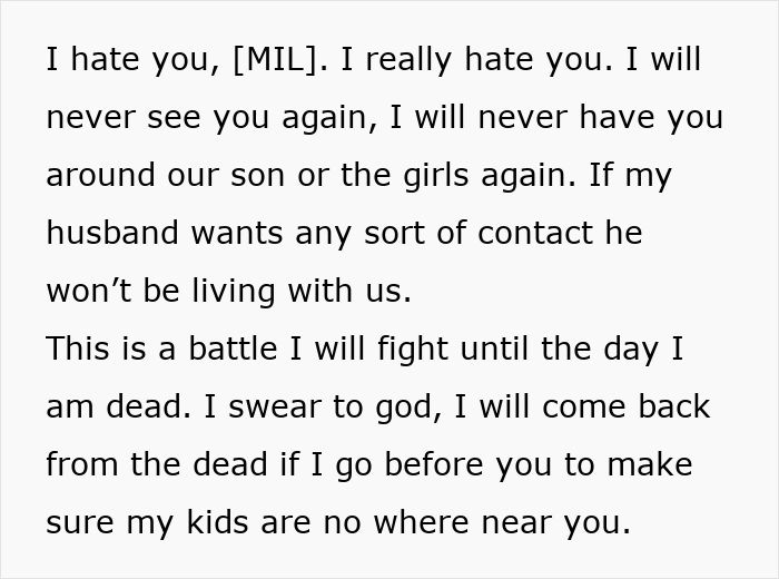 Angry message from a parent to MIL about protecting kids after parents passed away, refusing contact and support.