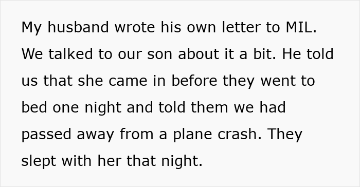 Alt text: Excerpt describing how MIL tells kids their parents passed away from a plane crash and stayed with them that night.