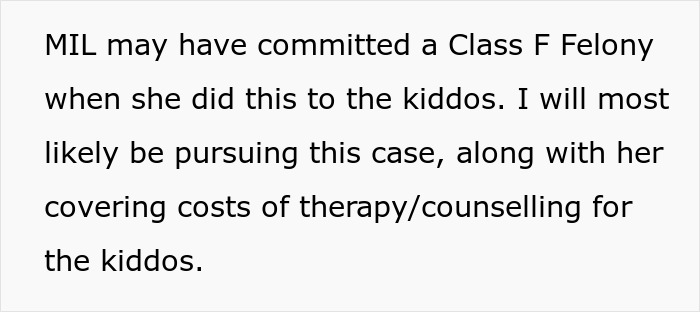 Text showing a MIL telling kids their parents passed away, mentioning possible legal action and therapy costs.