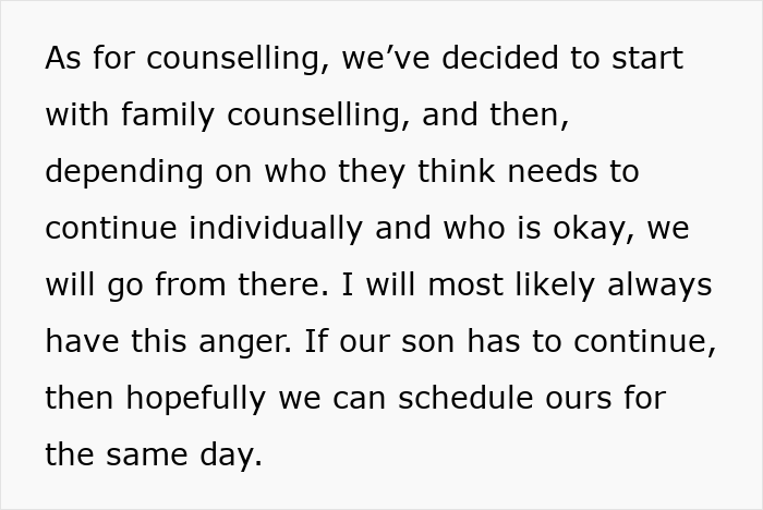 Text discussing family counselling plans and coping with anger after MIL tells kids parents passed away.