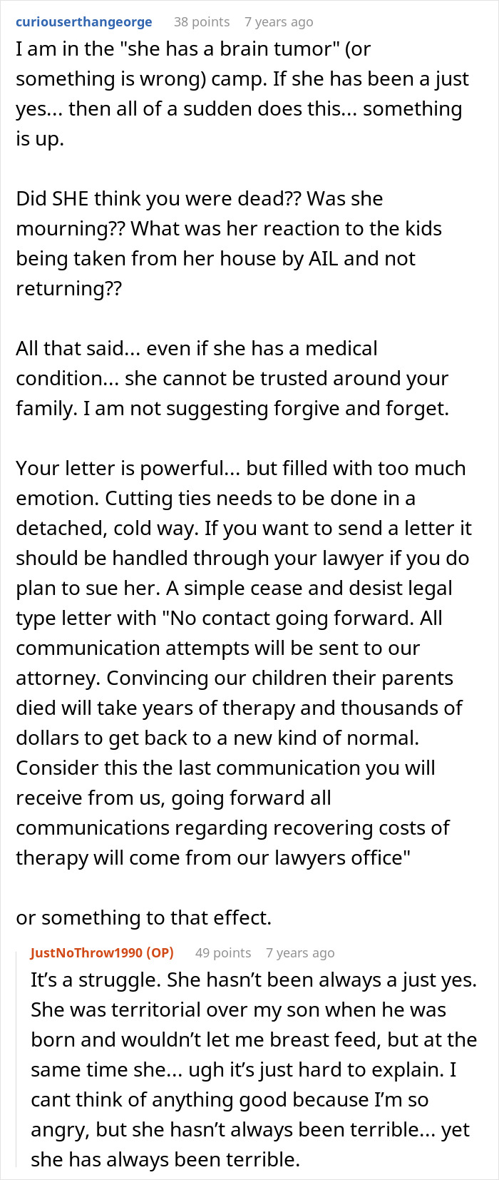 Screenshot of an online forum discussing mil tells kids parents passed away and advice on handling family conflicts.