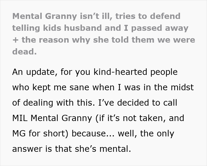 Text excerpt about MIL telling kids and parents passed away, explaining why she told them they were dead.