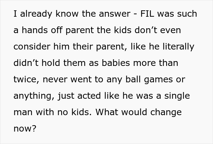 Text discussing a mil telling kids their parents passed away, highlighting the hands-off parenting style of the FIL.