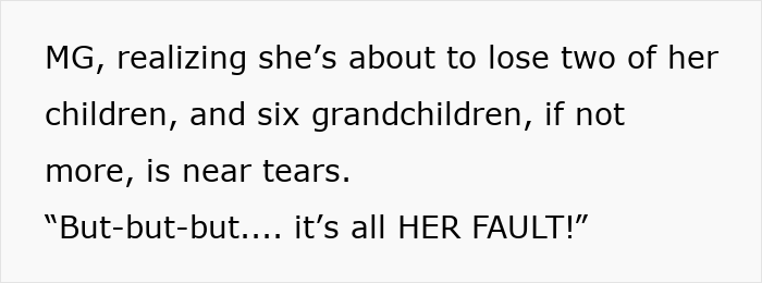 MG, emotional and near tears, realizing two children and six grandchildren are about to be lost after parents passed away.