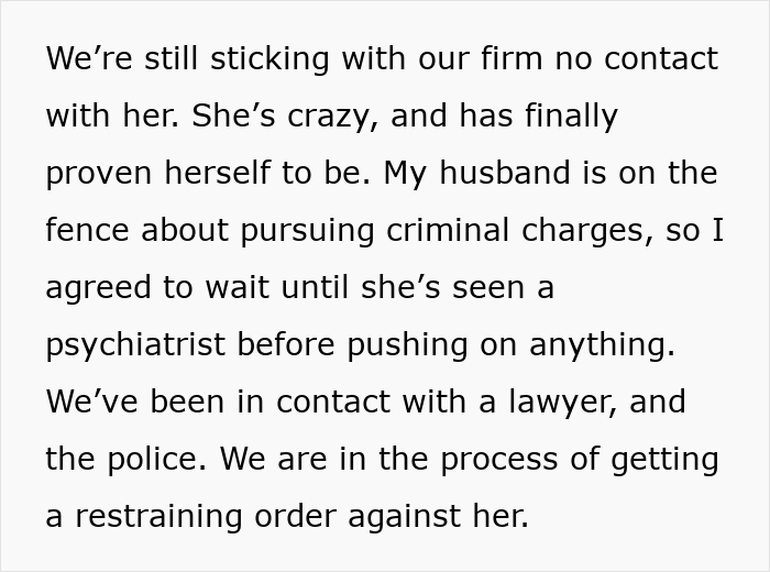Text excerpt about pursuing legal actions and restraining order in a story where mil tells kids parents passed away.