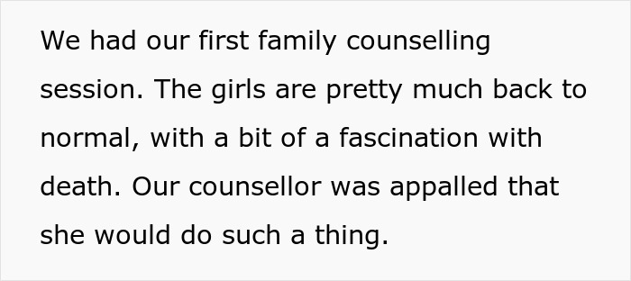 Text from a family counselling session showing kids coping with parents passed away, discussing feelings and fascination with death.