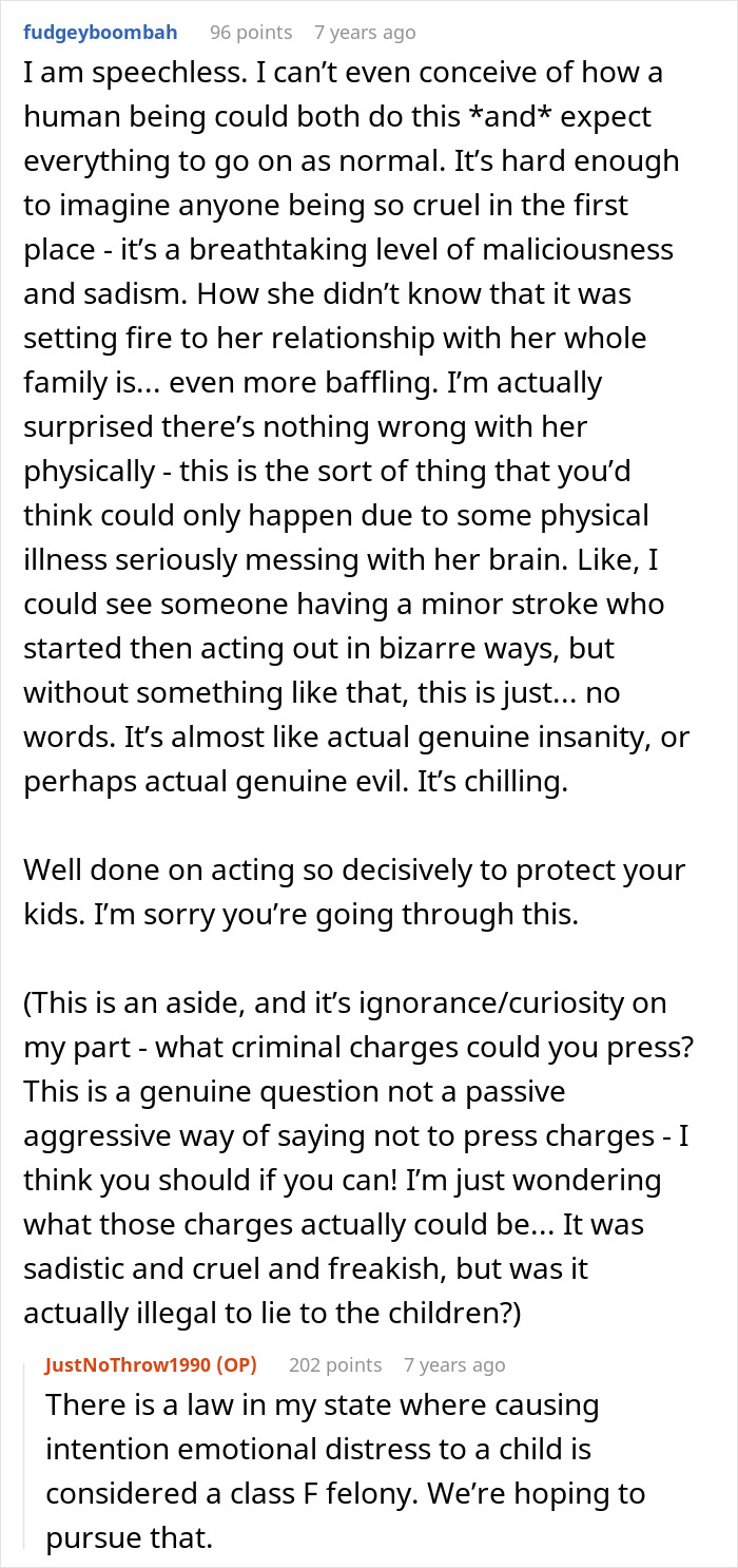 User comments on mil tells kids parents passed away, discussing emotional distress and legal consequences in a family situation.
