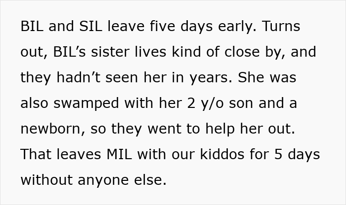 Text excerpt describing MIL telling kids their parents passed away while caring for them alone for five days.