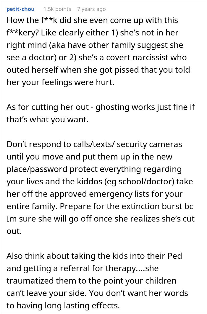 Comment advising on how a MIL tells kids parents passed away and suggests cutting contact for safety and therapy.