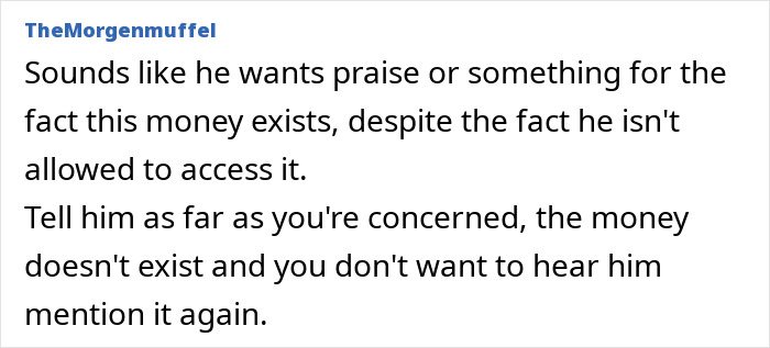 Screenshot of an online comment where a wife questions her husband&rsquo;s trust funds and money access for kids.