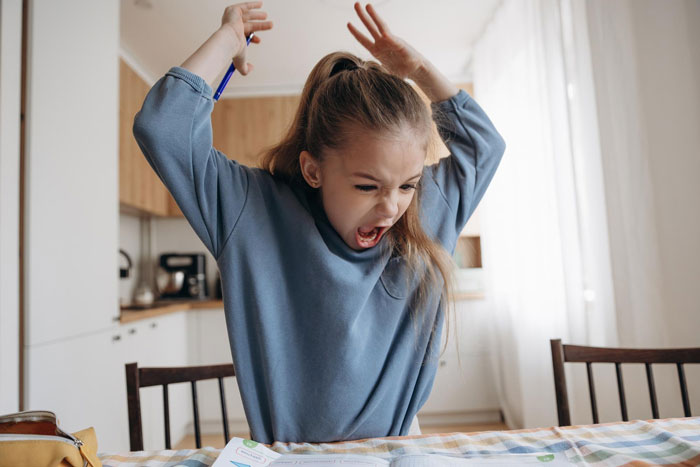 Angry unruly child shouting and throwing a tantrum at the kitchen table during family conflict over wedding guest list.