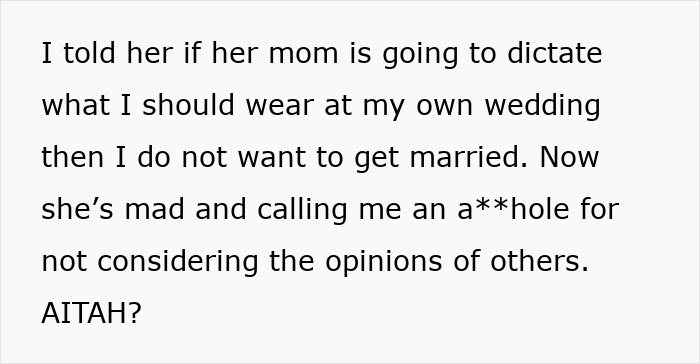 Text excerpt showing groom refuses marriage if mother dictates wedding attire, sparking conflict about opinions and wedding plans.