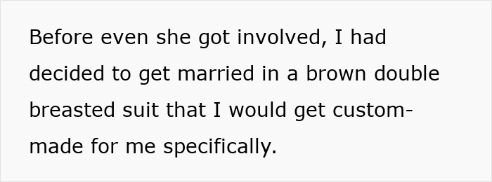 Text excerpt about groom’s choice of custom-made brown double-breasted suit before mother dictates wedding attire refusal.