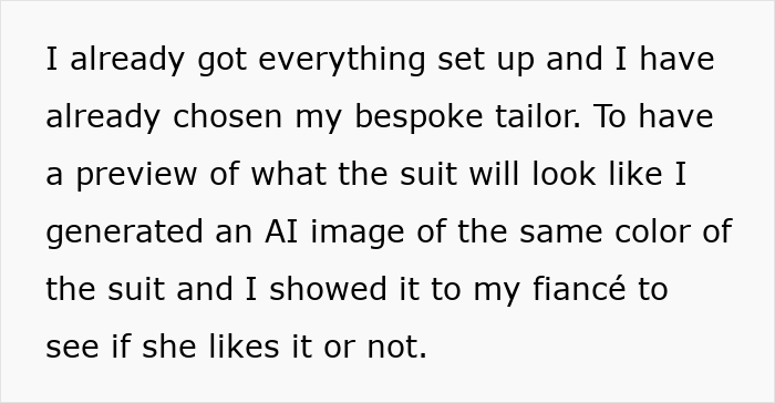 Text about groom refusing marriage after mother dictates wedding attire and bespoke suit preview shared with fiancée.