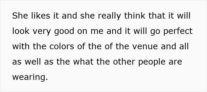 Text excerpt discussing mother dictating wedding attire while groom refuses marriage over the decision.