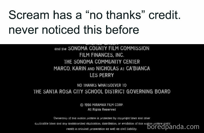 Alt text: Movie memes highlighting a funny no thanks credit in the Scream film end credits, showcasing unique movie humor.