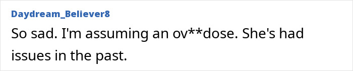 Comment from user Daydream_Believer8 expressing sorrow and assumptions about o******e related to Tommy Lee Jones&rsquo; daughter Victoria&rsquo;s passing mystery.
